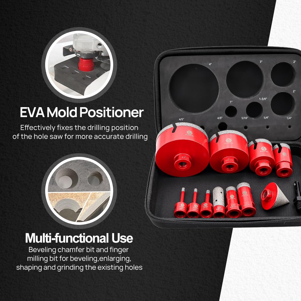 FOCSTOL Diamond Core Drill Bit Set - 12pcs (6/6/8/20/25/35/50/75/100mm+20mm Finger Milling Bit+50mm Beveling Chamfer Bit+SDS) Diamond Hole Saw Kit for Porcelain Ceramic Tile Marble Granite