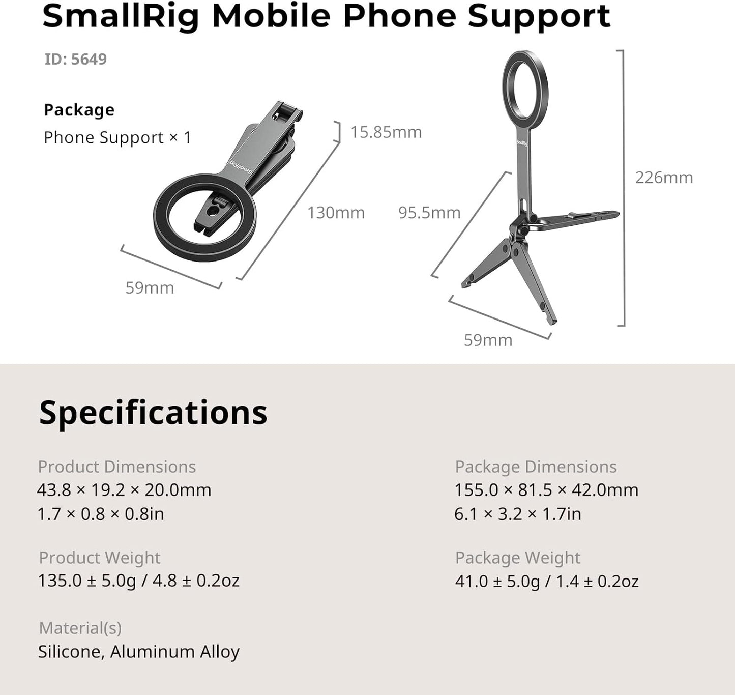 SMALLRIG 1/4" 270 17/16/15/14/13 -5649 Dual Magnetic Phone Tripod, Metal Cell Phone Mount Grip with Threads, Adjustable