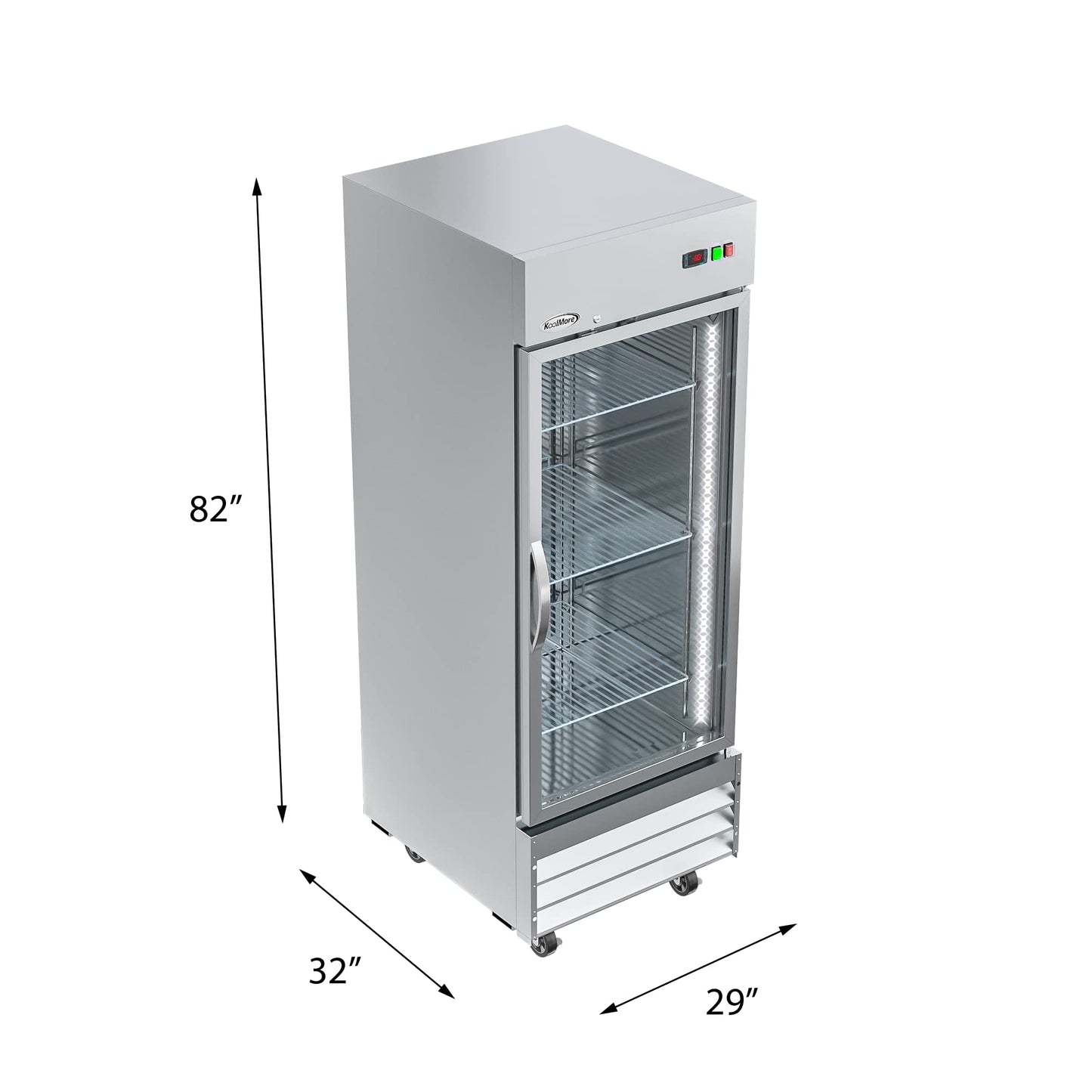 KoolMore Commercial Stainless-Steel Upright Freezer with Reach-In Self-Close Glass Door, 3 Storage Shelves, Heavy-Duty Caster Wheels, Frost-Free Temperature Control - 23 Cu.Ft [Silver] (RIF-1D-GD)