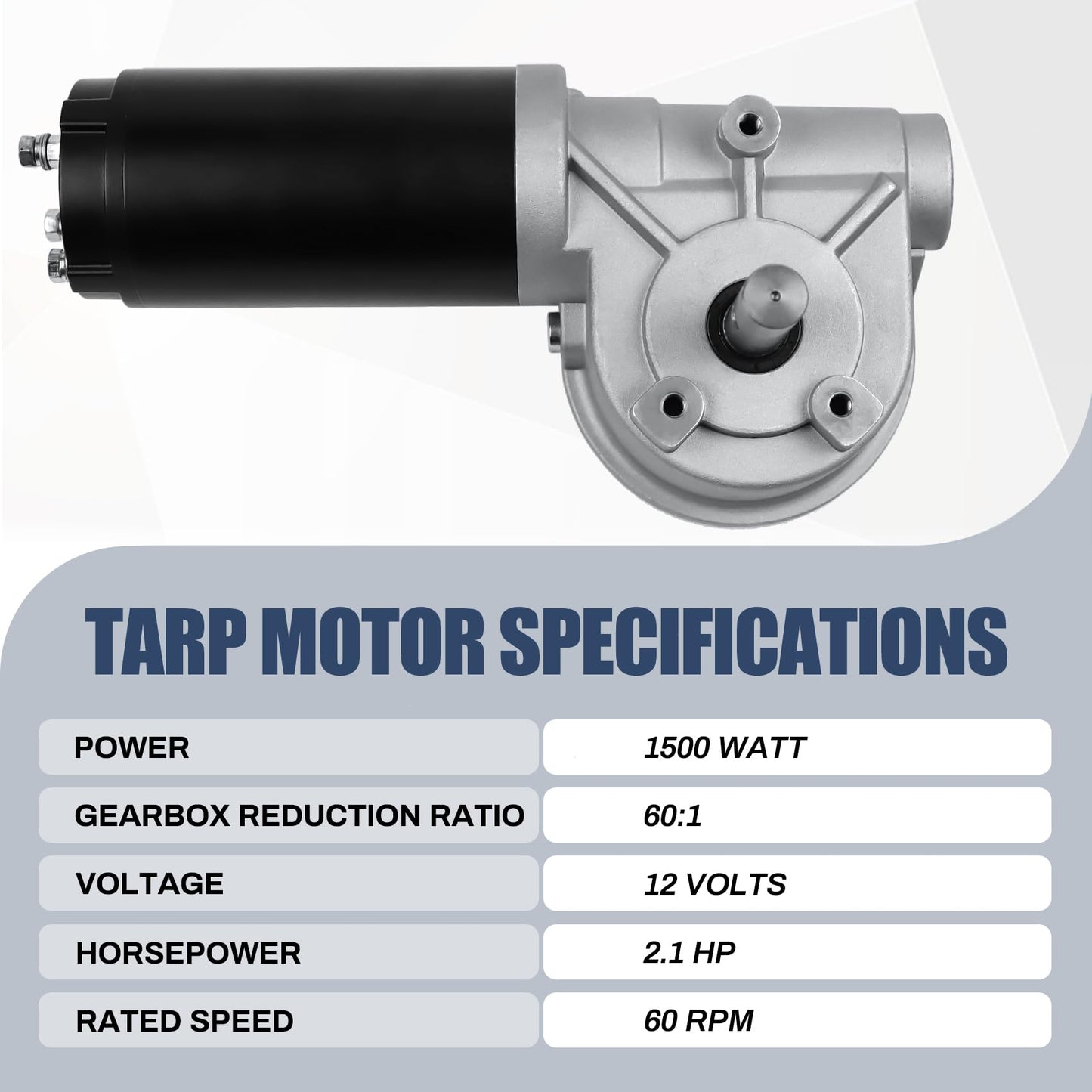 1500W 60:1 2.1HP Electric Tarp Motor for Dump Trucks Over 28' Length, Universal Tipper Truck Roll Canopy Motor for Dump Truck Tarp System with Chrome Housing Cover- 12V DC, 60RPM- 5 Years Warranty