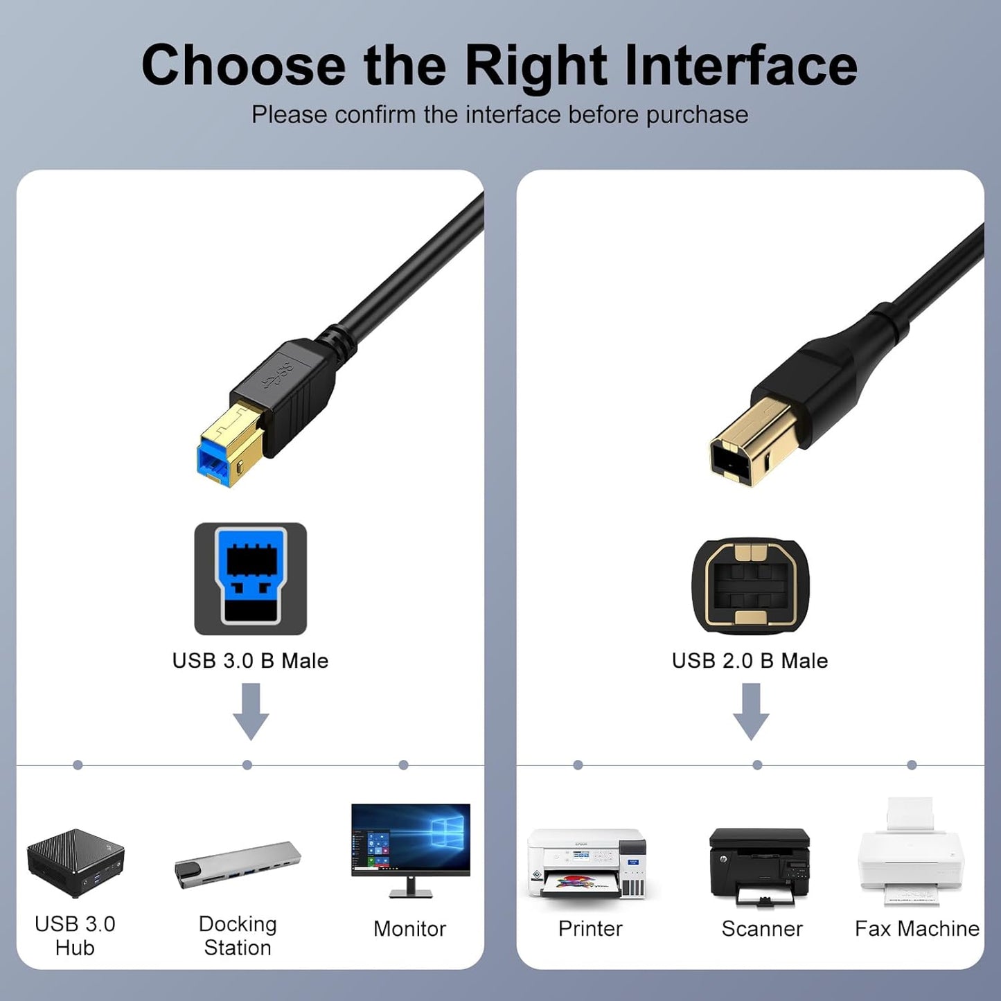 REPIND 2.0 6 USB Printer Cable USB A to USB B Cable Feet MIDI Cable Printer Cord to Computer High Speed for HP, Canon