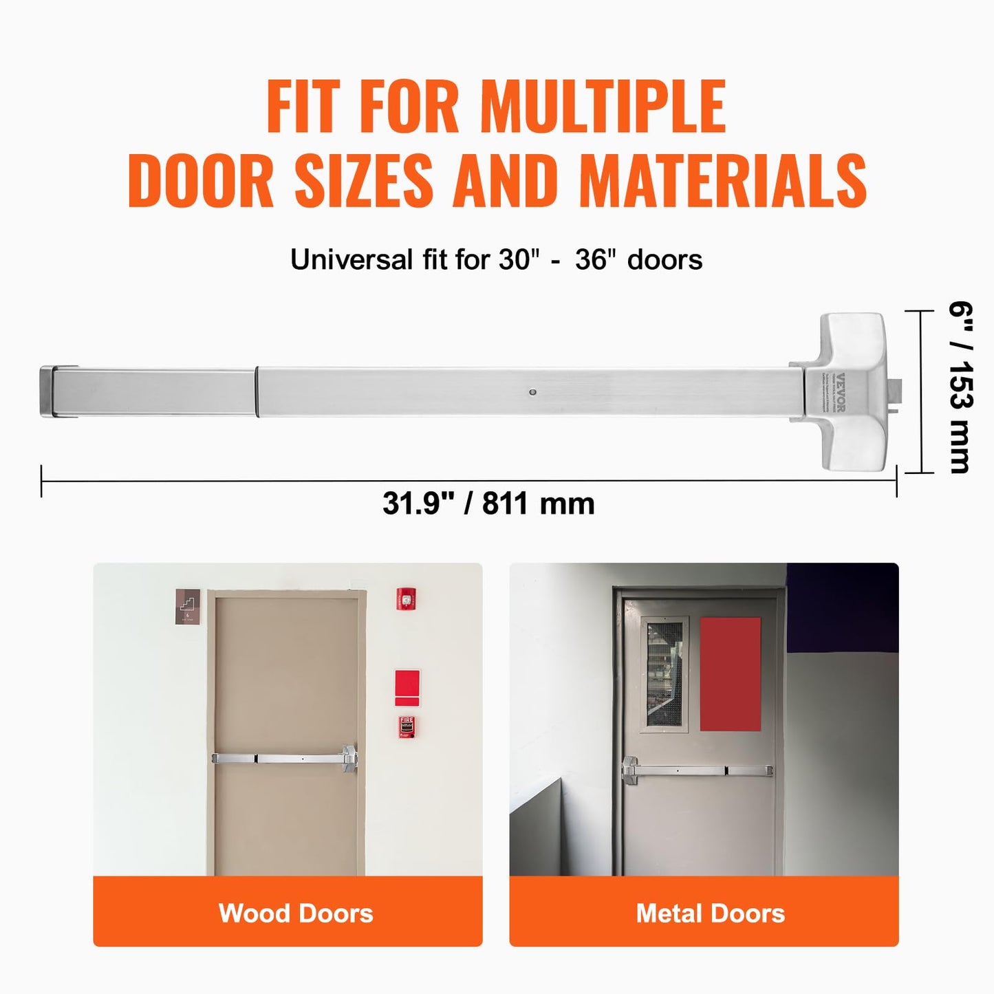 VEVOR Door Push Bar Panic Exit Device, 31” Stainless Steel Commercial Emergency Exit Door Push Bar with Exterior Lever and 3 Keys, Emergency Exit Door Hardware for 30"-36" Metal Wood Door