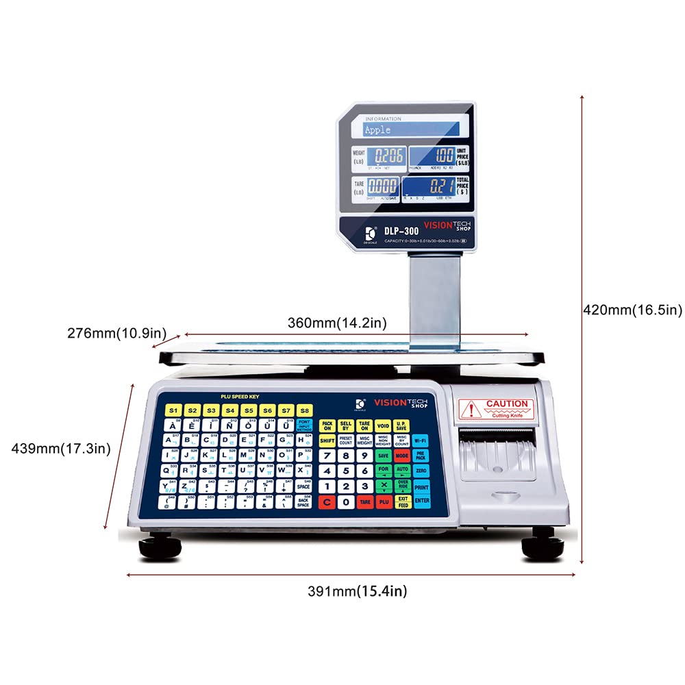 VisionTechShop DLP-300 Label Printing Scale Pole Display, 30/60lbs Capacity, 0.01/0.02lbs, NTEP Legal for Trade