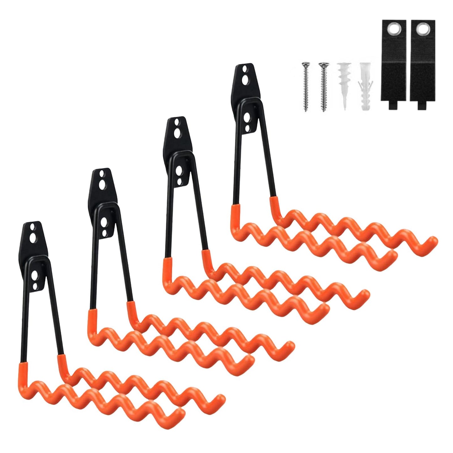 BRCRXW Garage Hooks Heavy Duty, 4 Pack Wave Steel Garage Storage Hooks with Anti-Slip Coating, Multi-Purpose Ladder Hooks for Hanging Garden Tools, Hoses, Bikes and Folding Chairs (Orange)