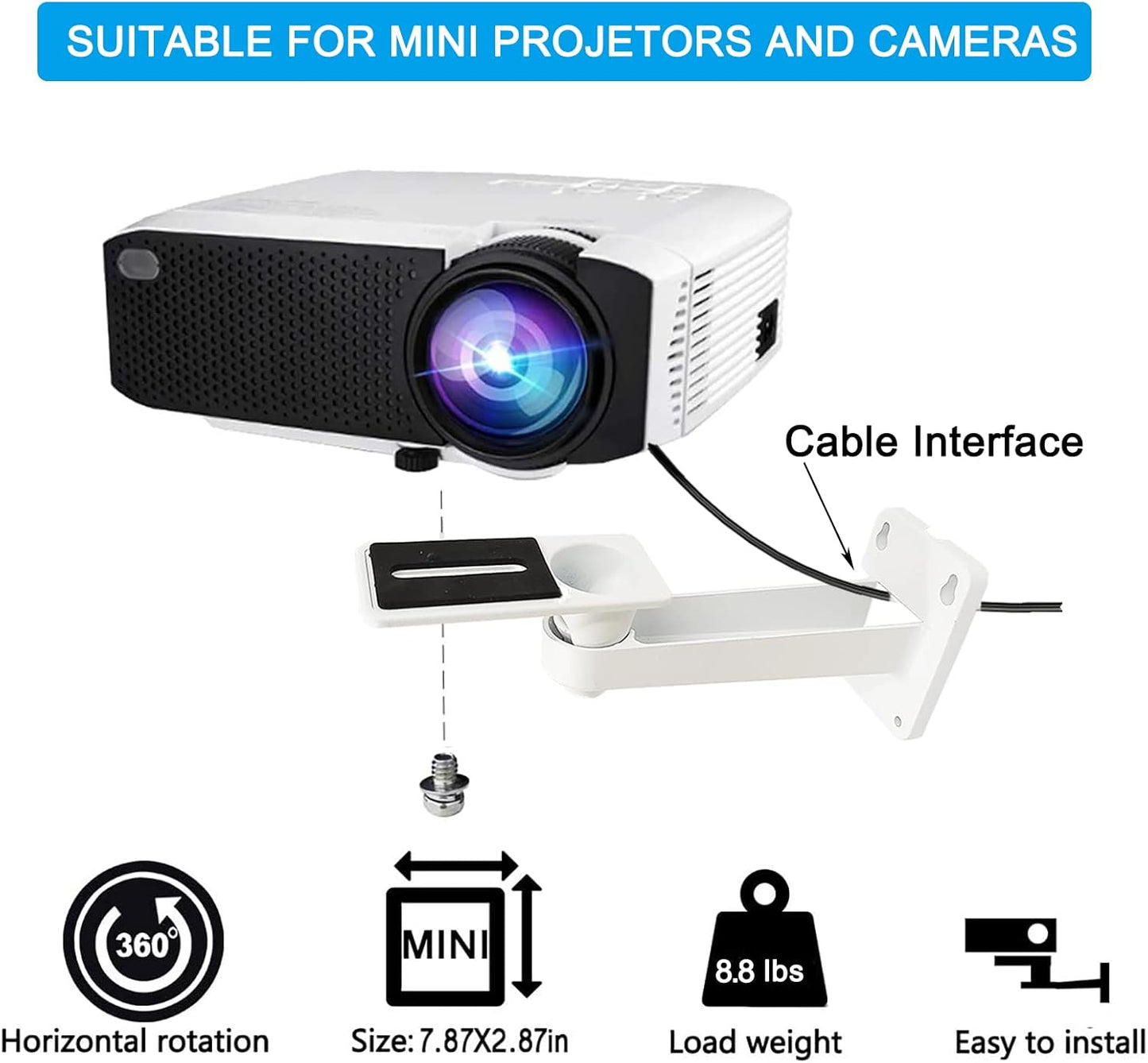 2-Be-Best 7.9 360 Mini Projector Wall Mount Upgraded Angle Adjustable Projector Mount Length in Rotation Projectors