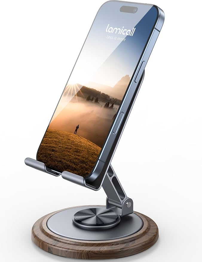 Lamicall Grey Phone Holder, Desk Accessories for Men - Gifts for Fathers Day for Teens, Boys, Girls, Adults & Men Simulated Wood Grain Cell Phone Holder, Office Gaming Decor, 4-10” Phones, Switch