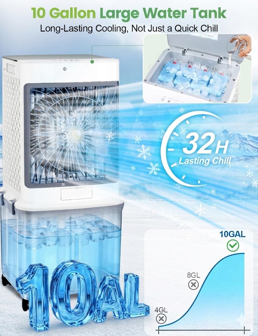Swamp Cooler,Portable Air Conditioners Evaporative Air Cooler,Windowless Portable AC Unit Cooling Fans That Blow Cold Air With 10 Gallon WaterTank,Ultra Quiet for Room,Restaurant,Indoor,Outdoor,Garden