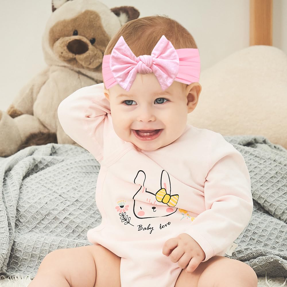 Skiennix 5Pcs Nylon Baby Bow Headbands - Soft, Stretchy Hairbands for Newborns & Toddlers