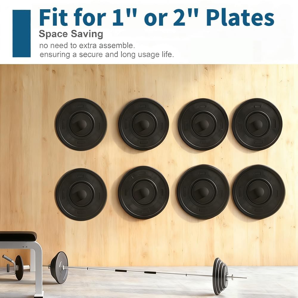 4 Pack Wall Mounted Weight Plate Holder-Fit 1 and 2 Inch Standard Weight Plates with Protective Rubber Pad and Hardware, 300 LB Weight Capacity