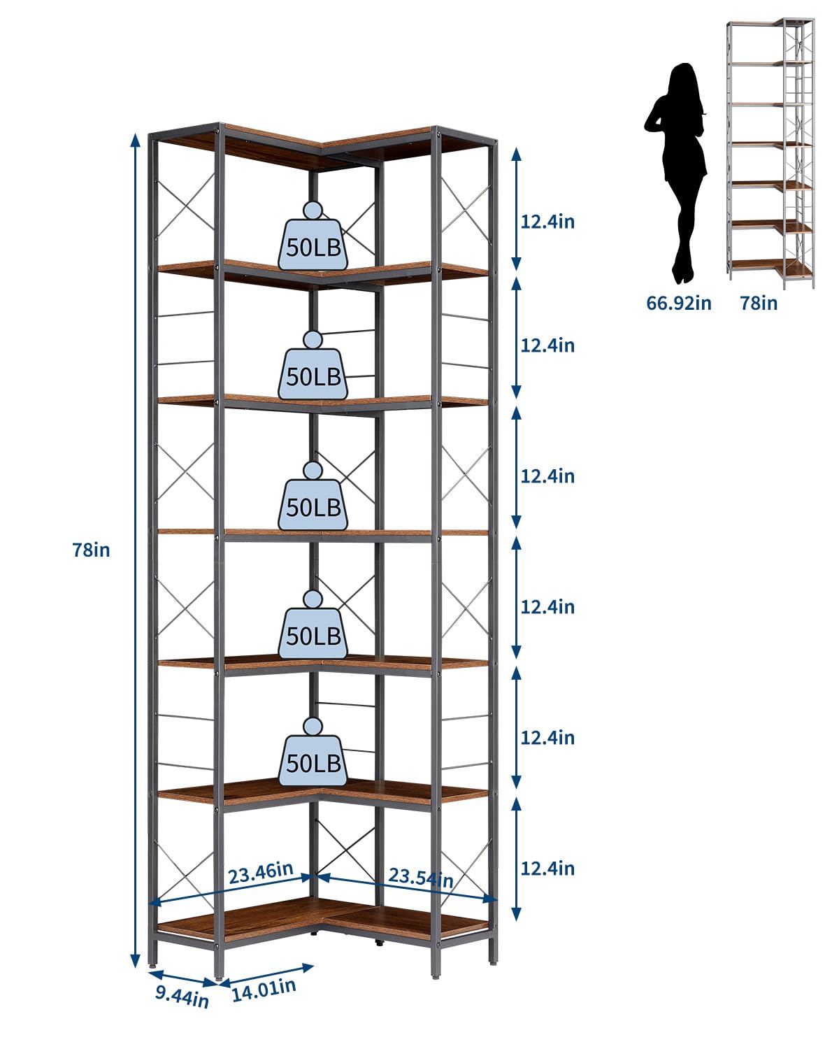 Garvee Corner Shelf, 7 Tier Industrial Corner Bookshelf, Wood and Metal Frame Large Bookcase, Freestanding Display Shelf for Living Room, Kitchen, Home Office, Rustic Brown