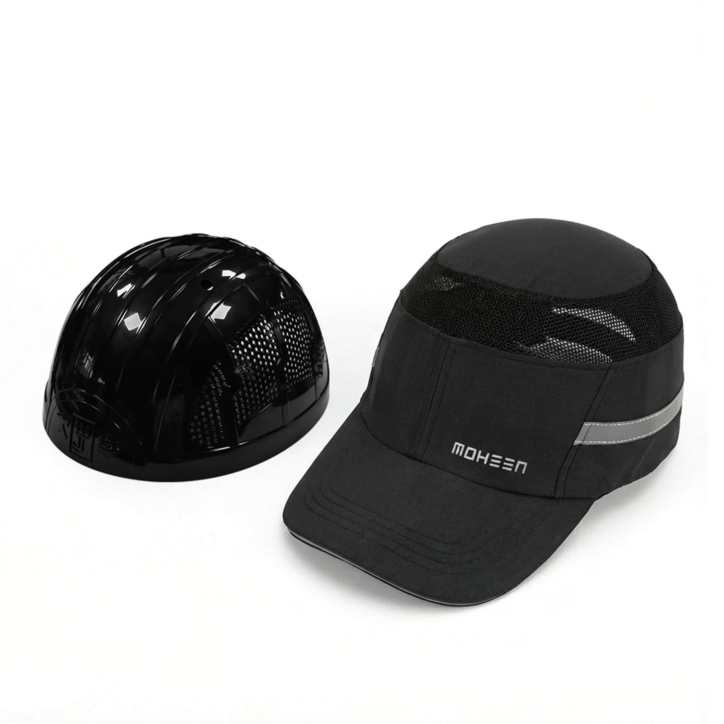 Unisex Safety Bump Cap - Lightweight and Breathable Baseball Style Protective Hat with Reflective Stripes Black Long Brim,5Pcs