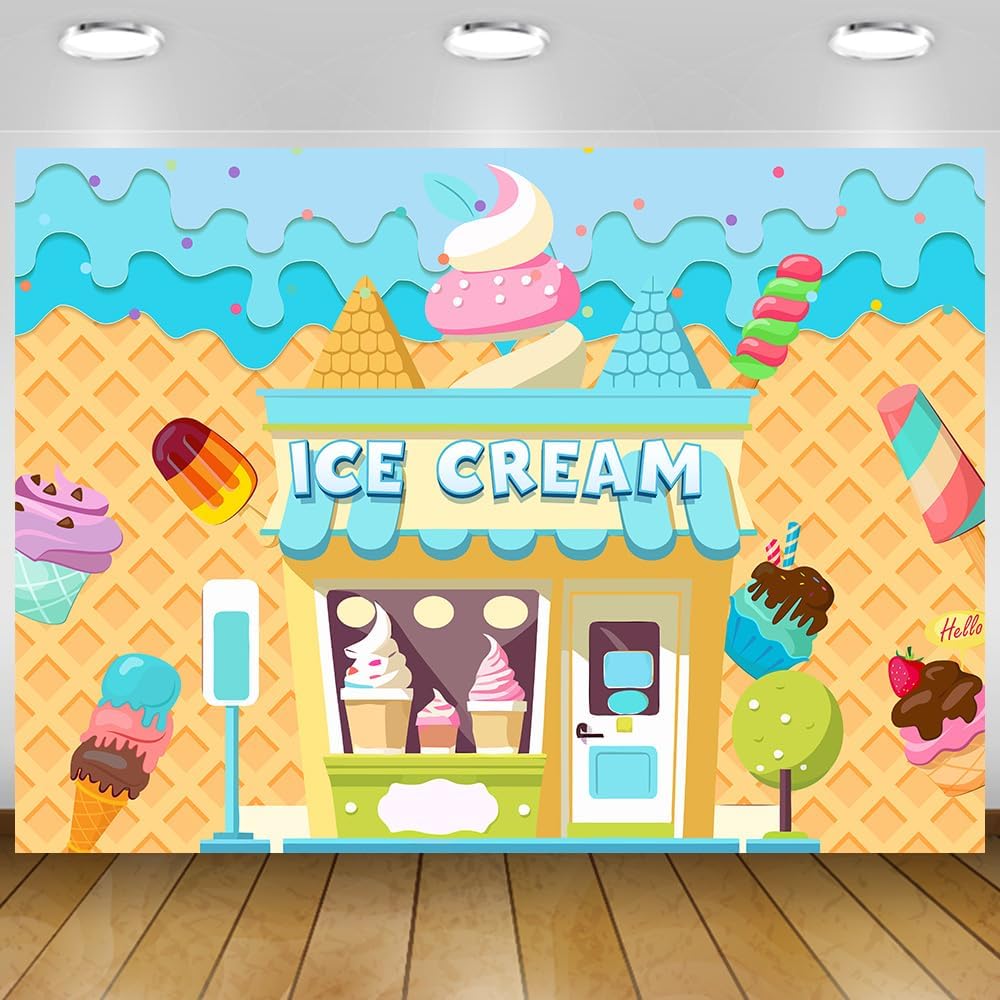Retyshia 5x3Ft Summer Ice Cream Backdrop Banner Ice Cream Shop Birthday Backdrop for Party Dessert Parlor Photography