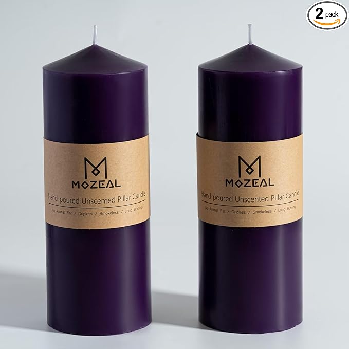 MOZEAL 3" x 8" Hand-Poured Unscented Candles,Large Dark Purple Pillar Candles Set of 2,No Drip,Approx 120 Hours Long Burning,Wedding,Dinner,Christmas and Home Decor（3 Inch Diameter 8 Inch Height）