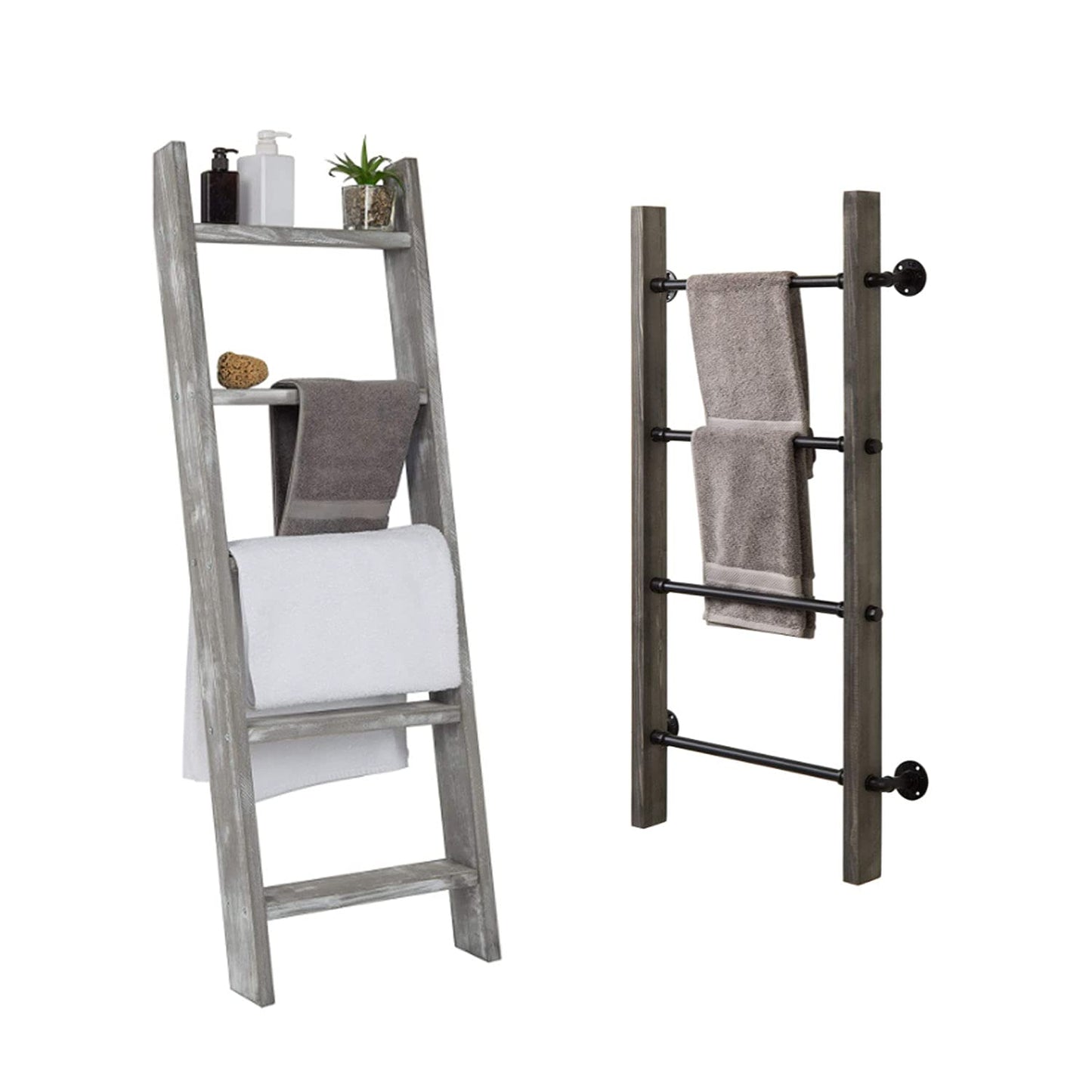 MyGift Wall-Leaning Rustic Gray with White Finish Wood Ladder-Style Blanket Rack Vintage Grey Wood & Industrial Metal Pipe Wall Mounted Ladder Rack, 46 Inch Towel Shelve