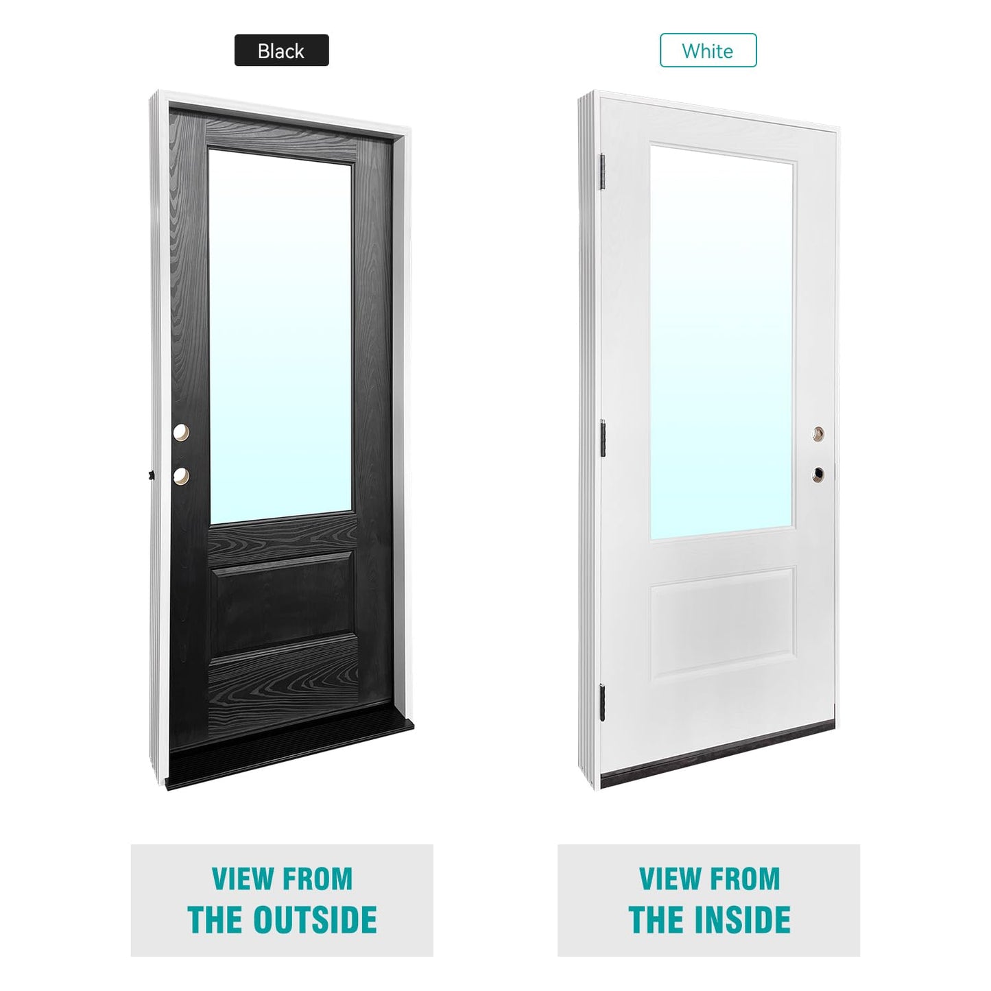 3/4 Lite 36" x 80" Fiberglass Front Door with Tempered Low‑E Glass, Pre‑Assembled Prehung Entry Door Glass Inserts and Frames, Dual‑Color Black/White Finish, Right Hand Inswing