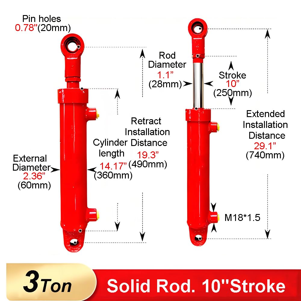 RHKING 2x10 Hydraulic Cylinder 3 Ton Double Acting Welded Hydraulic Cylinder 2" Bore x 10" Stroke with 3/8" JIC 37°(9/16"-18 Thread) Hydraulic End Connectors Maximum Thrust Force 6613lbs