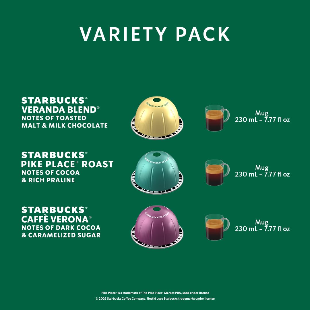 Starbucks by Nespresso Vertuo Coffee Pods Variety Pack - Blonde, Medium & Dark Roast, 30-Count, 7.8 oz.