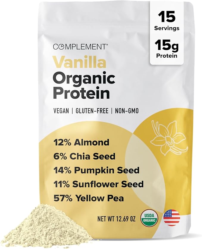 Complement Organic Vanilla Vegan Protein Powder (15 Servings) Low Carb, Low Calorie, Sugar Free, Soy Free, Non-GMO, Gluten Free, Non Dairy- Yellow Pea, Pumpkin Seed- 15g Plant Based Protein Powder