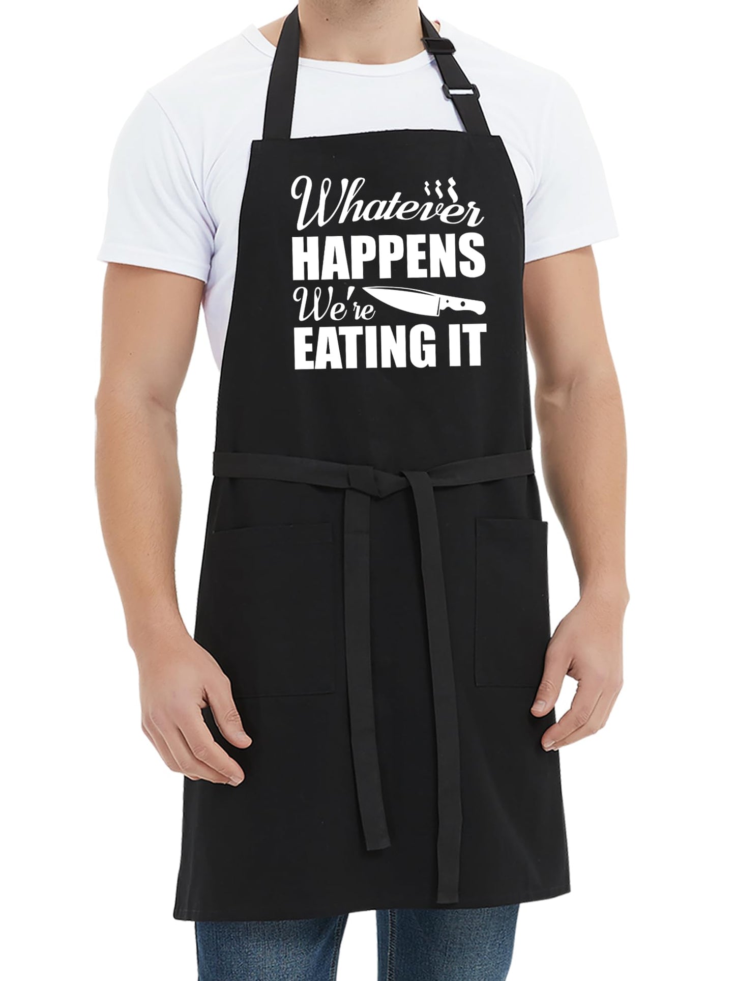 Kaidouma Funny Grill Aprons for Men - Whatever Happens We’re Eating It - Men‘s Funny Kitchen Chef Cooking Grilling BBQ Aprons with 2 Pockets - Father’s Day Birthday Christmas Gifts for Dad, Husband