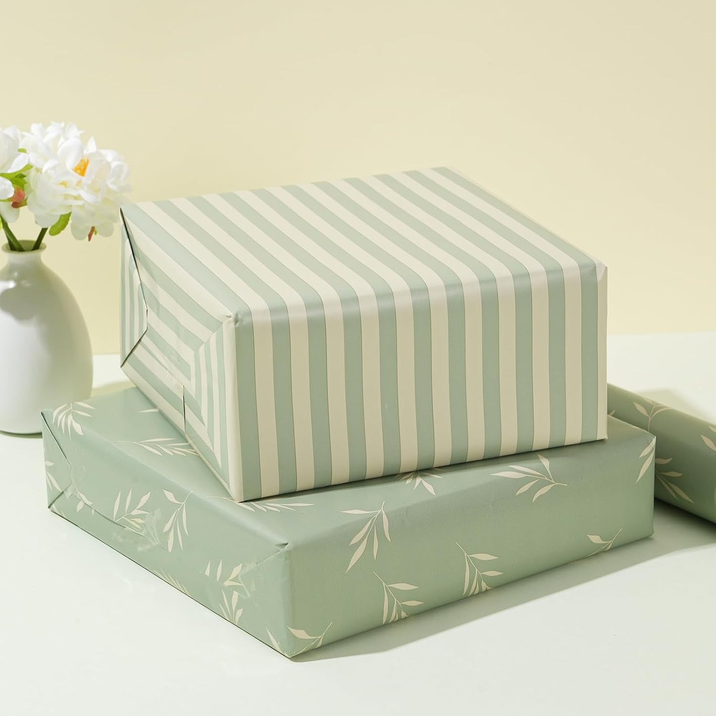 ZINTBIAL Reversible Gift Wrapping Paper Roll - Light Green & Beige Leaves Design - 17.5" x 33' (48 sq. ft.)