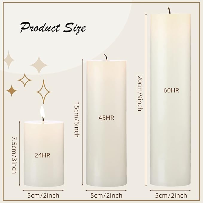 Nuogo 12 pcs Ivory Pillar Candles Dripless Unscented Candles Paraffin Wax Tall Tapers for Wedding Spa Birthday Holiday Bath Party Restaurant Home