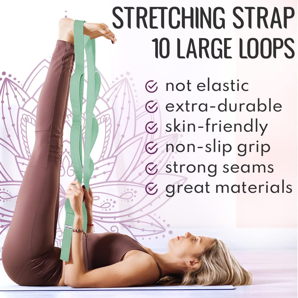 [NEW 2023] TECEUM Yoga Stretching Strap 10 Loops Non-Elastic Strap - Home Workout Stretch Strap for Physical Therapy, Yoga, Pilates cttn 1.5 in LtG
