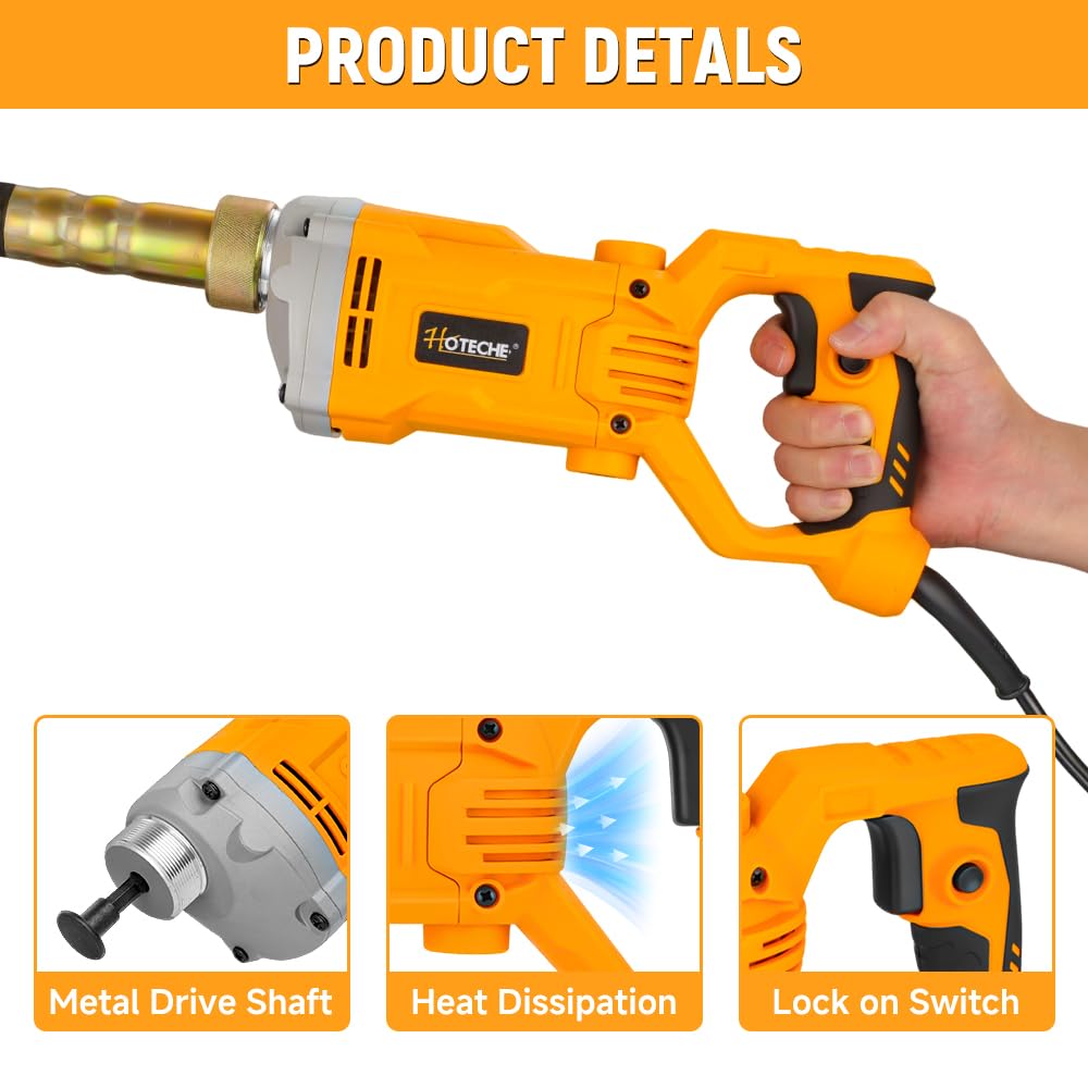 Hoteche 1200W Electric Concrete Vibrator – Handheld Power Concrete Vibration Tool with 2m Cable – for Slabs, Foundations, Driveways(Machine Only, compatible with 35mm Rod)