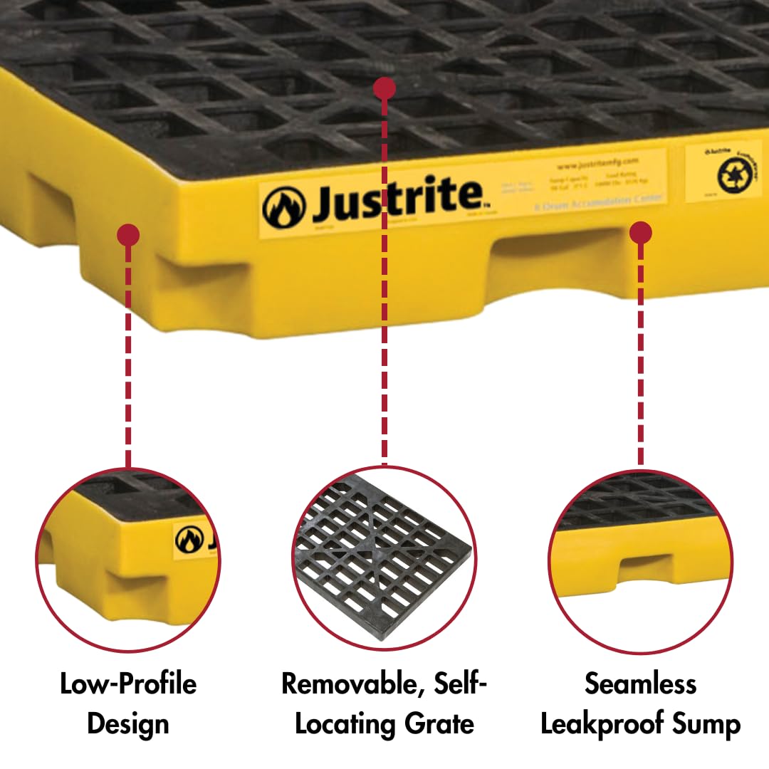 Justrite Low Profile 1 Drum Spill Containment Pallet Accumulation Center - 5.5" Tall - 12 Gal Capacity for 55 Gallon Drum Containment - Made in The USA from 100% Recycled Polyethylene - Black - 28653