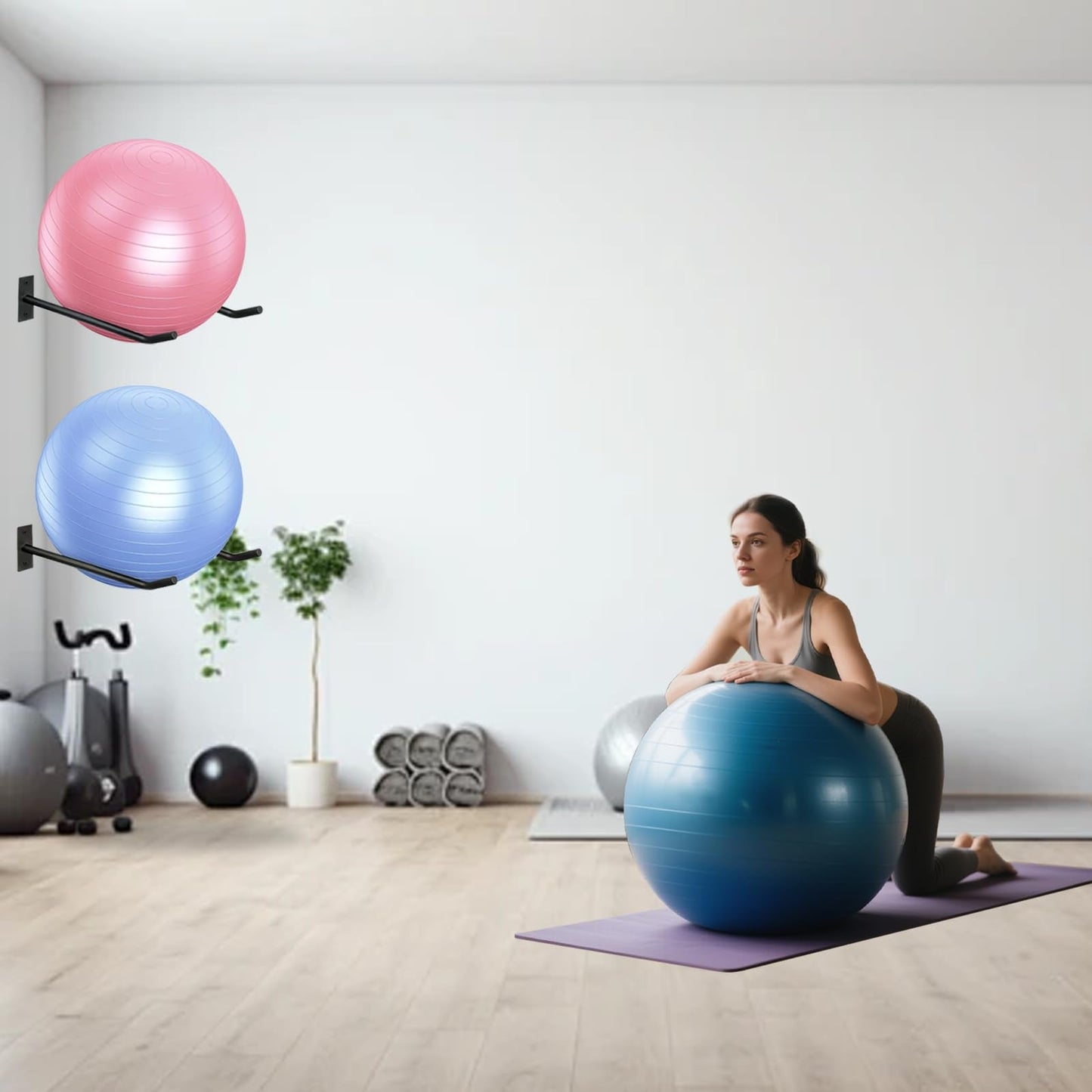 svteli Wall Mount Exercise Ball Holder, Metal Yoga Ball Holder, Heavy Duty Medicine Ball Rack, Stability Ball Storage Rack for Gym, Garage, Home, 2 Pack