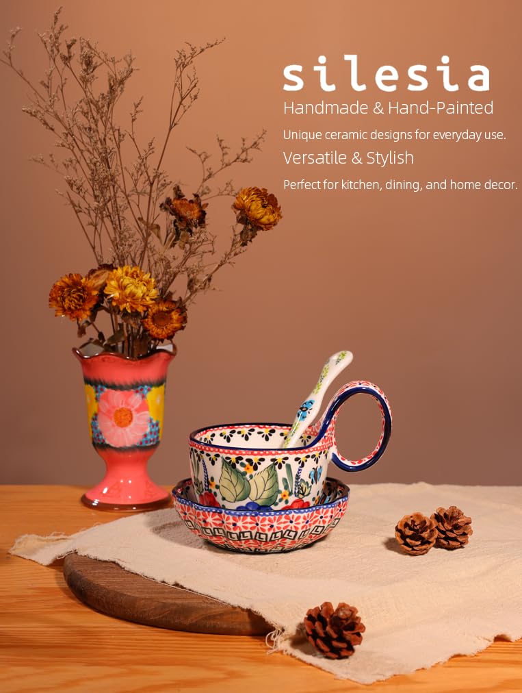 silesia Handmade Loop Handle Soup Bowl, Plate and Spoon Set Ceramic Hand Painted Cereal Bowl Great for Soup, Ice cream, Snack, Stew in Gift Box, Dishwasher & Microwave Safe, Polish Garden