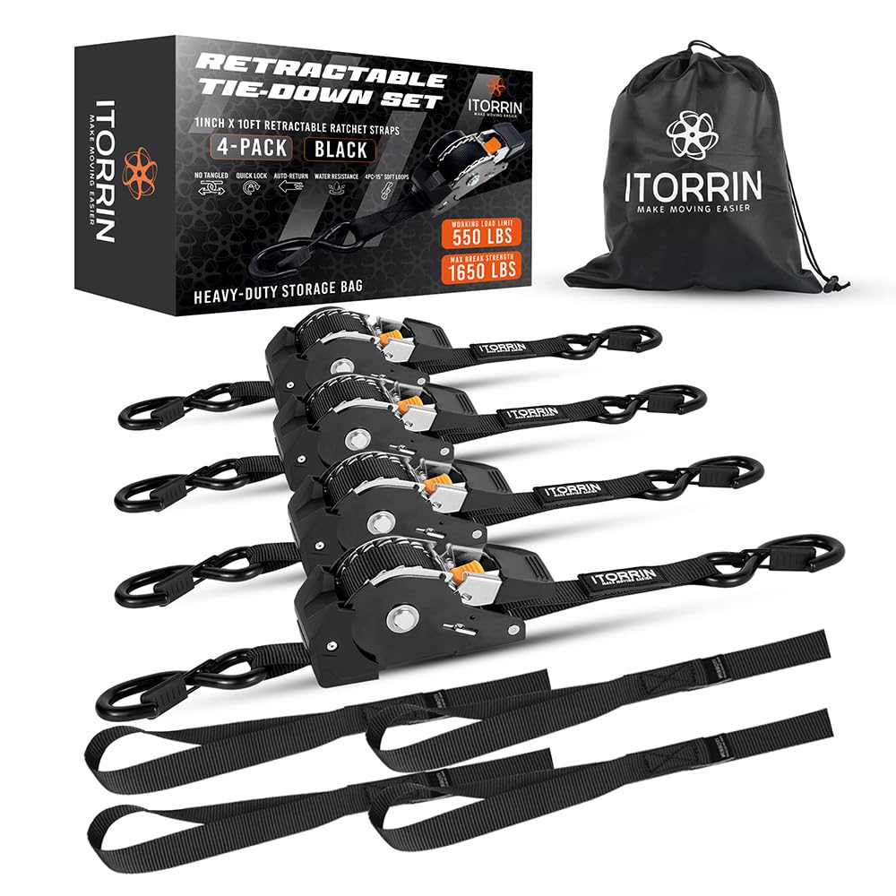 Retractable Ratchet Straps - 4 Pack 1inch x 10ft Auto Tie Down with Soft Loops - Black - 1650 Lbs Break Strength - Self Retracting for Motorcycle, ATV, Truck, Cargo, Trailer, Boat, Kayak, Furniture