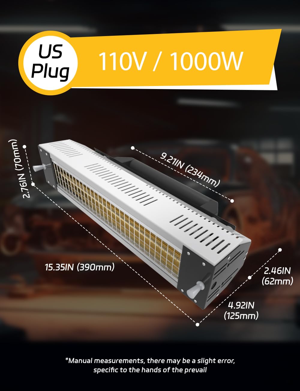 Solary Infrared Paint Curing Lamp, 1000W 110V Hand-held Short Wave Infrared Heater for Automotive Spray, Car Bodywork Repair Paint Dryer