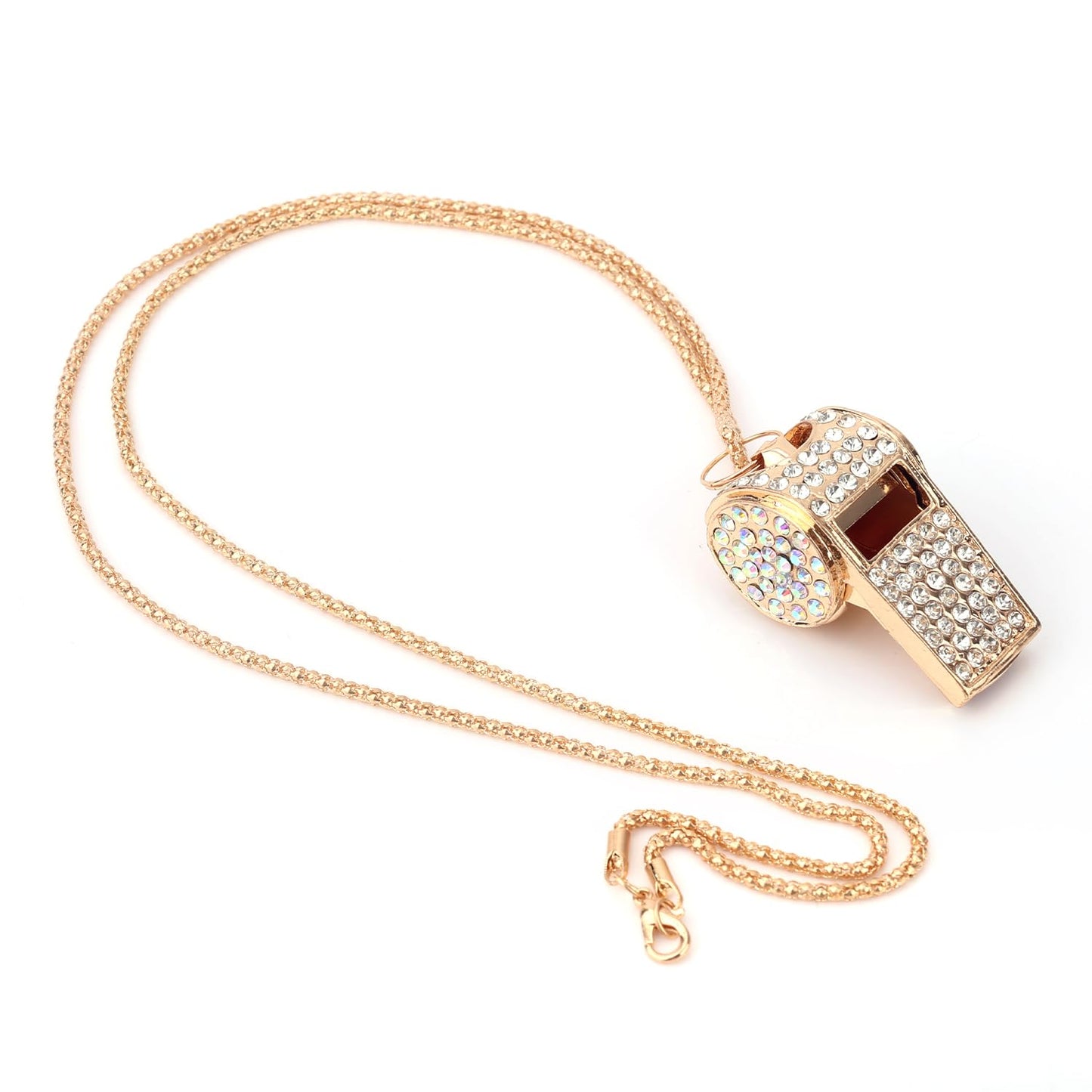 Gosknor 2pcs Gold Diamond Metal Bling Crystal Rhinestone Whistles with Golden Chain Lanyard Shining Loud Sound Sports Gift Gear for Referees, Teachers, Officials, Basketball, Football Training