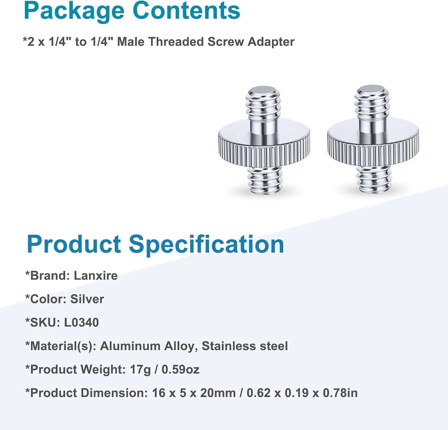 LANXIRE 1/4" 1/4" 2 Packs Male to Male Threaded Tripod Screw Adapter, Double Head Stud Mounting Thread Converter