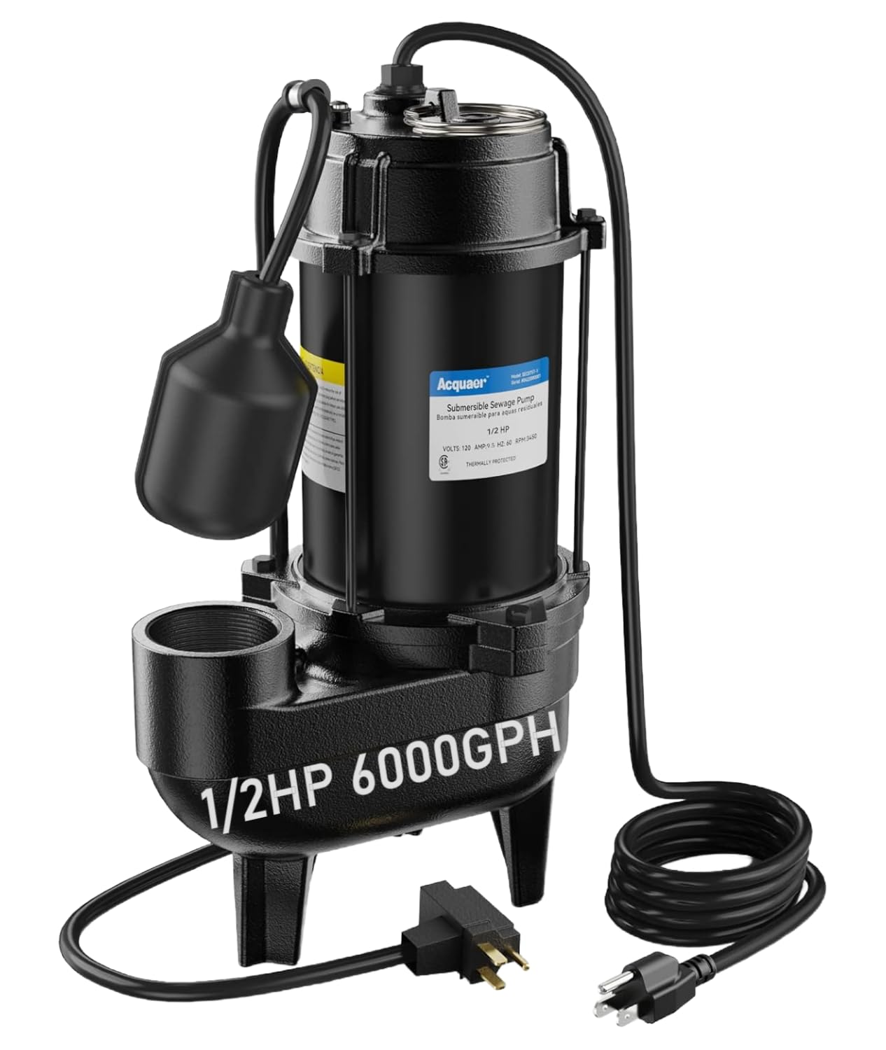 Acquaer 1/2HP Submersible Sewage/Effluent Pump, 6000 GPH, Cast Iron, Automatic Tethered Float Switch, 115V Sump Pump for Sump Basin, Residential Sewage, Basement, 2'' NPT Discharge
