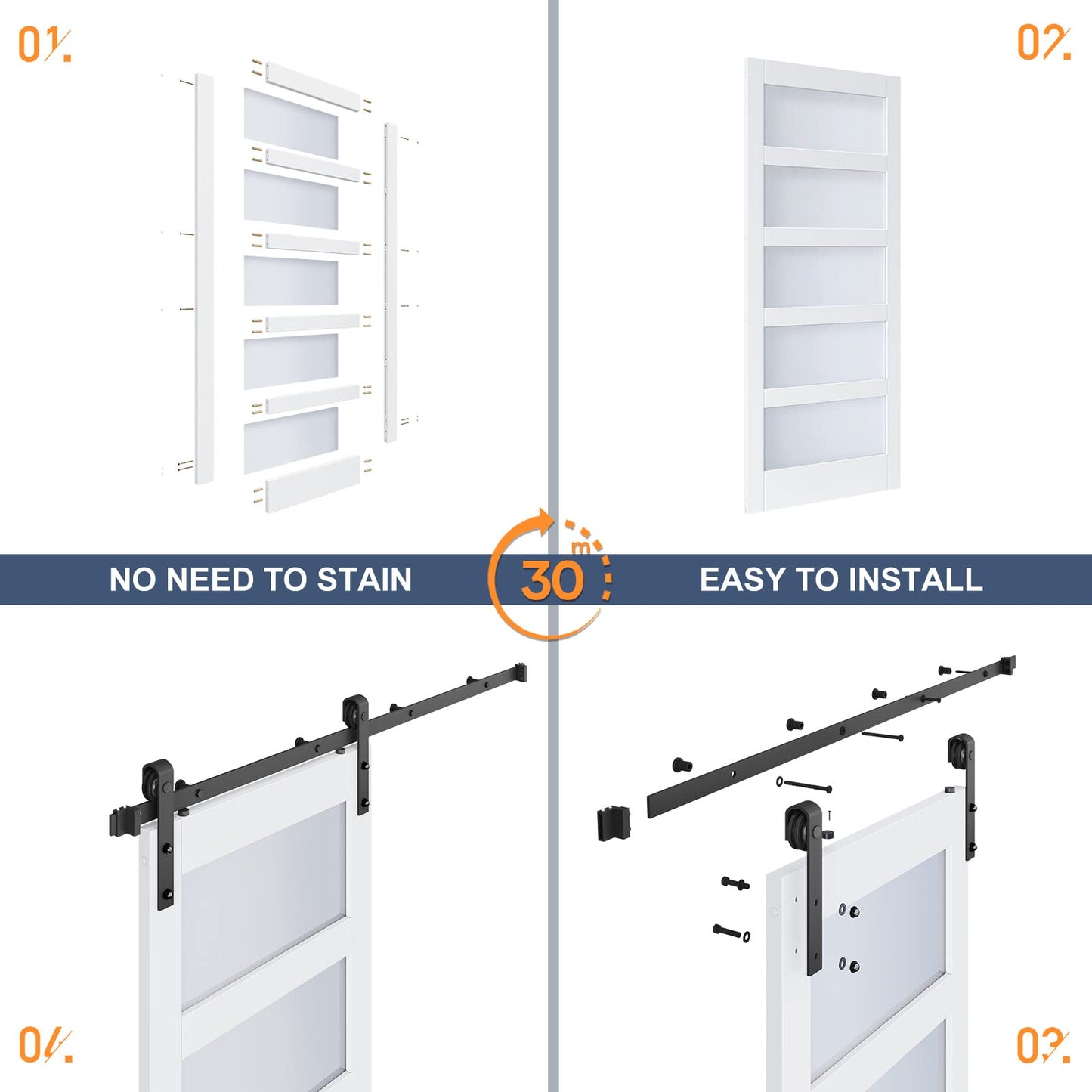 ROYMELO 38x84 Inch Glass Sliding Barn Door Slab and 6.6ft Hardware Kit Included, 5 Frosted Glass, LVL Wood Panel Covered with White Water-Proof Scratch-Proof PVC Surface, Simple DIY Assembly