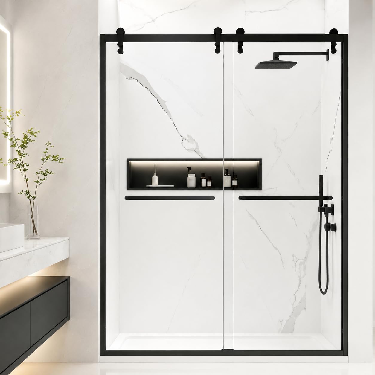 Shower Door 56-60" W x 76" H Double Sliding Shower Door, 5/16" (8mm) Shower Glass Door Easy-to-Clean Treated Clear Tempered SGCC Glass, Stainless Steel Frame & Roller Disk System, Matte Black Finish