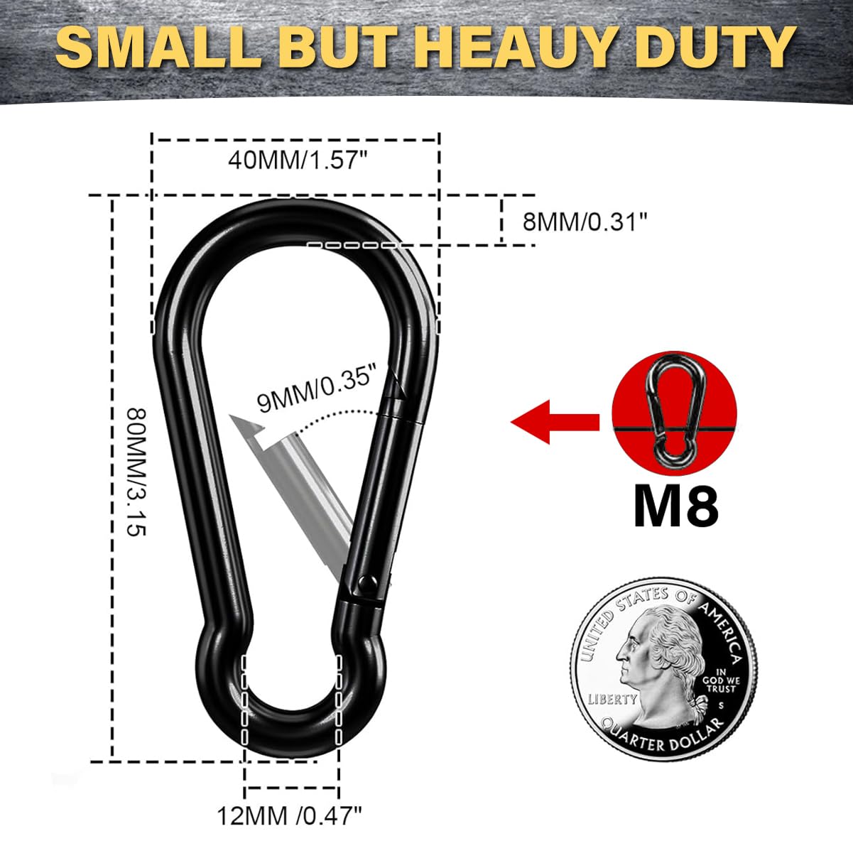 Locking Carabiner Clip 2 Pack, Heavy Duty 500lbs Capacity, Carbon Steel Quick Link Clip for Climbing, Camping, Hiking Equipment