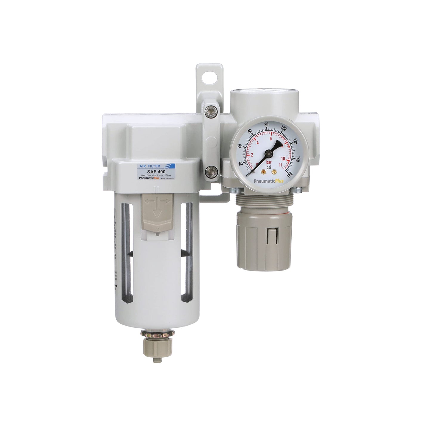 PneumaticPlus SAU420-N06G Compressed Air Filter Regulator Combo 3/4" NPT - Poly Bowl, Manual Drain, Bracket, Gauge