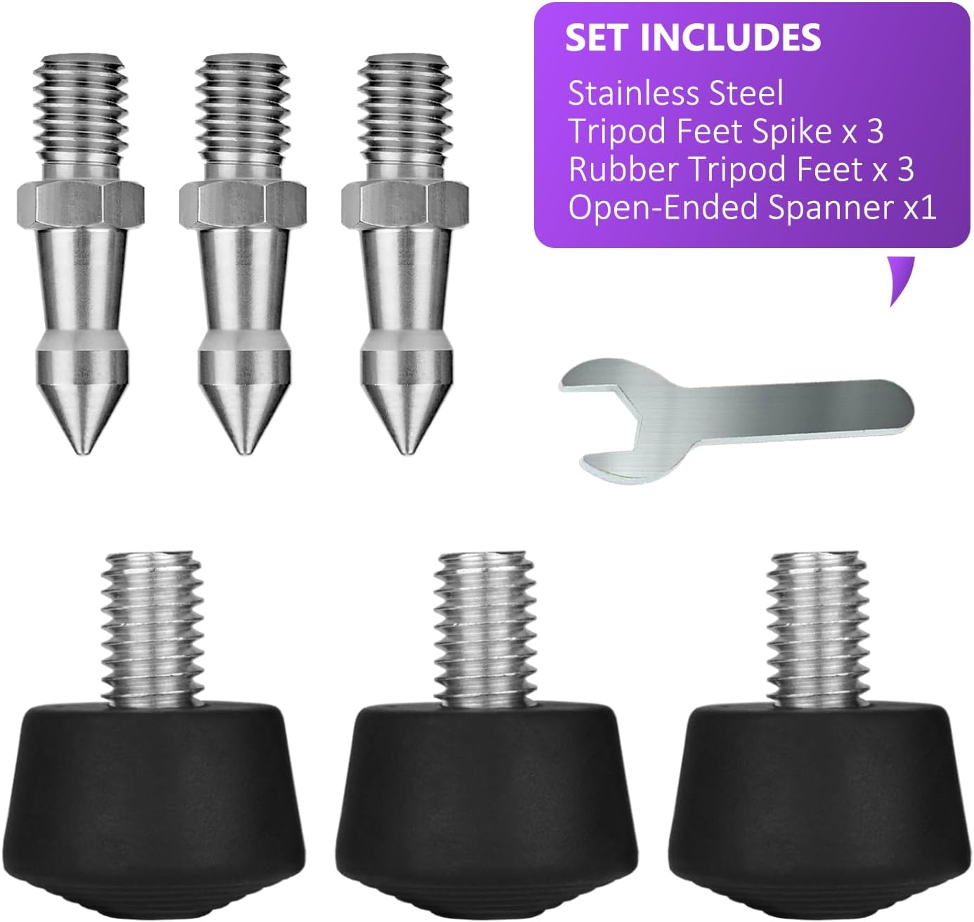 Rigych 6 3/8-16 Pcs Tripod Spike Feet - Thread, Rubber & Stainless Steel Spike Feet, Universal Anti-Slip