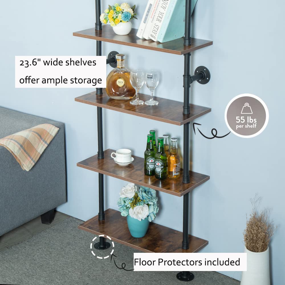 HEONITURE 5 Shelf Industrial Pipe Shelving, Black Modern Bookcase Bookshelf, Wall Mount Ladder Shelf with Metal Frame Display Selves