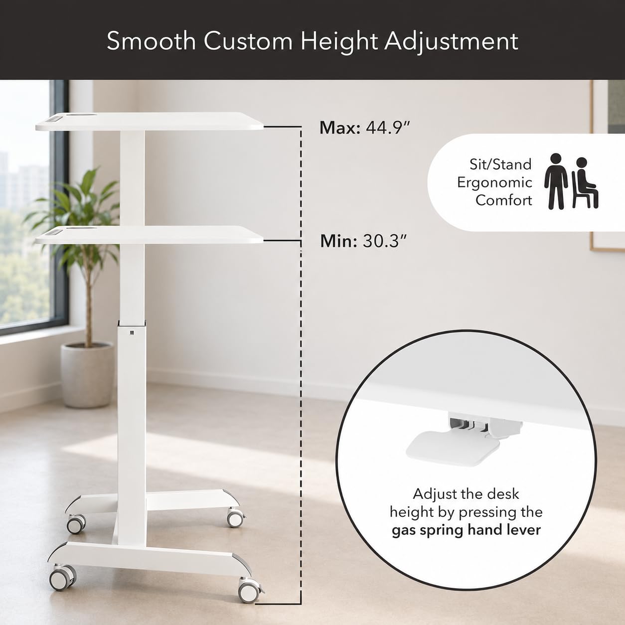 Mount-It! Laptop Cart Rolling Desk Adjustable Height with 28.5" x 22" Tabletop, Ergonomic Sit-Stand Workstation on Wheels Portable for Home Office, Dorm, Classroom, White