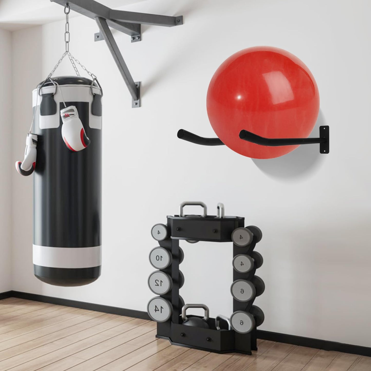 Medicine Ball Rack, 2 Pairs Yoga Ball Racks, Exercise Ball Wall Holder, Fitness Ball Wall Rack for Gym, Garage Ladder Wall Mount, Metal Storage Wall Rack for Basketballs, Volleyballs