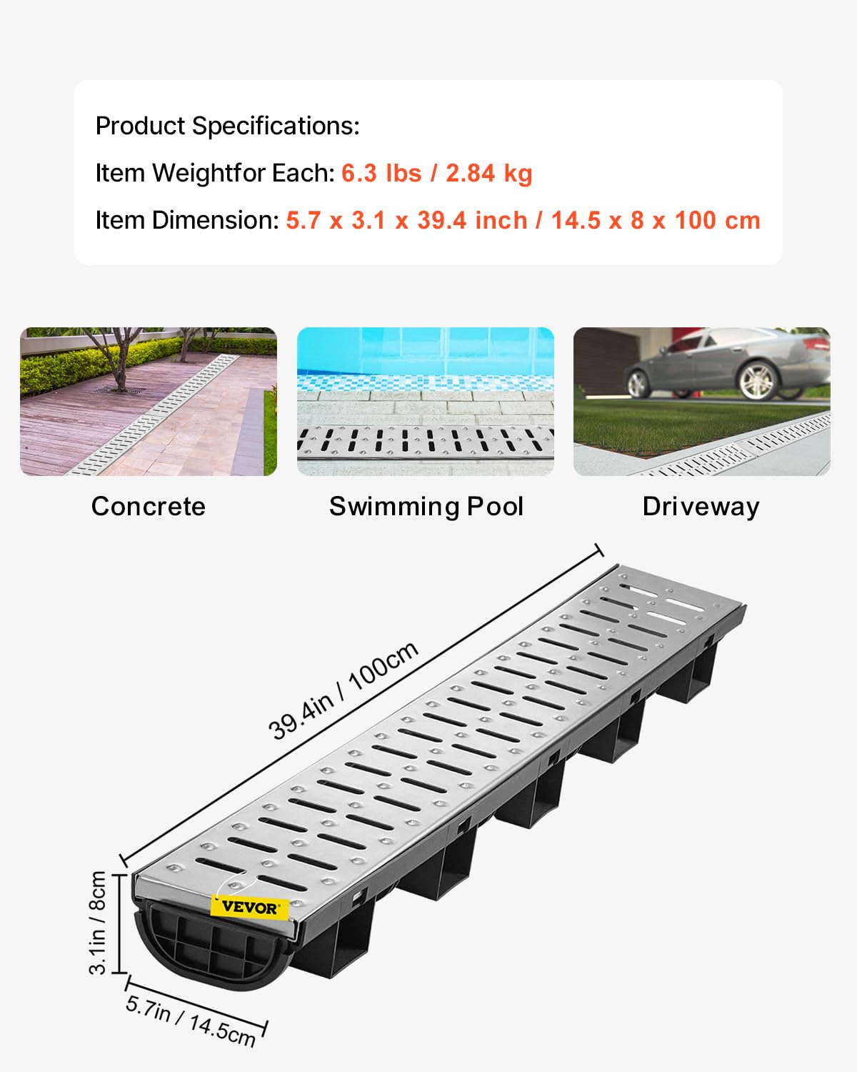 VEVOR Trench Drain System 5 Pack, Channel Drain with Metal Grate 5.7 x 3.1 in HDPE Drainage Trench, Black Plastic Garage Floor Waterway 5 x 39 in with 5 End Caps for Garden Driveway