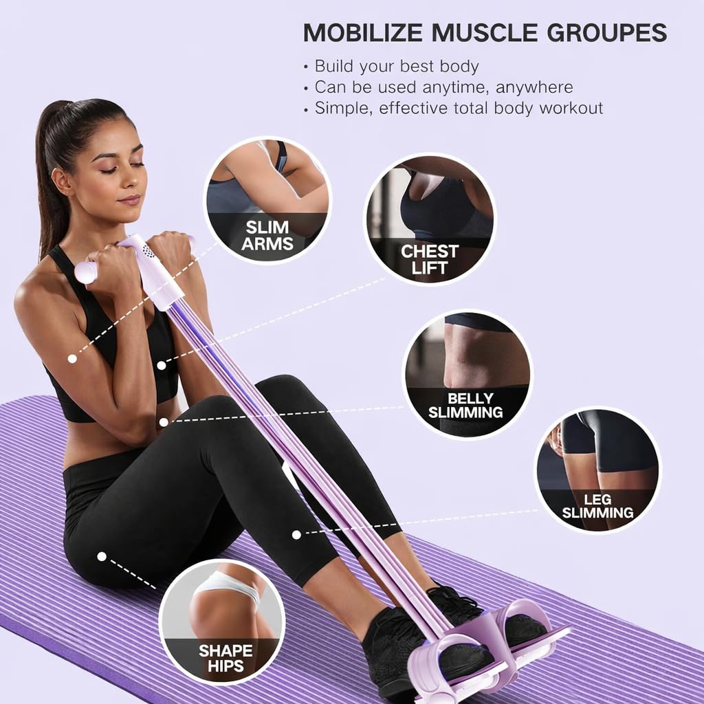 Smart Foot Pedal Puller with Digital Counter and Handles, 6-Tube Resistance Band for Yoga, Full Body Stretching, Home Workout-Purple
