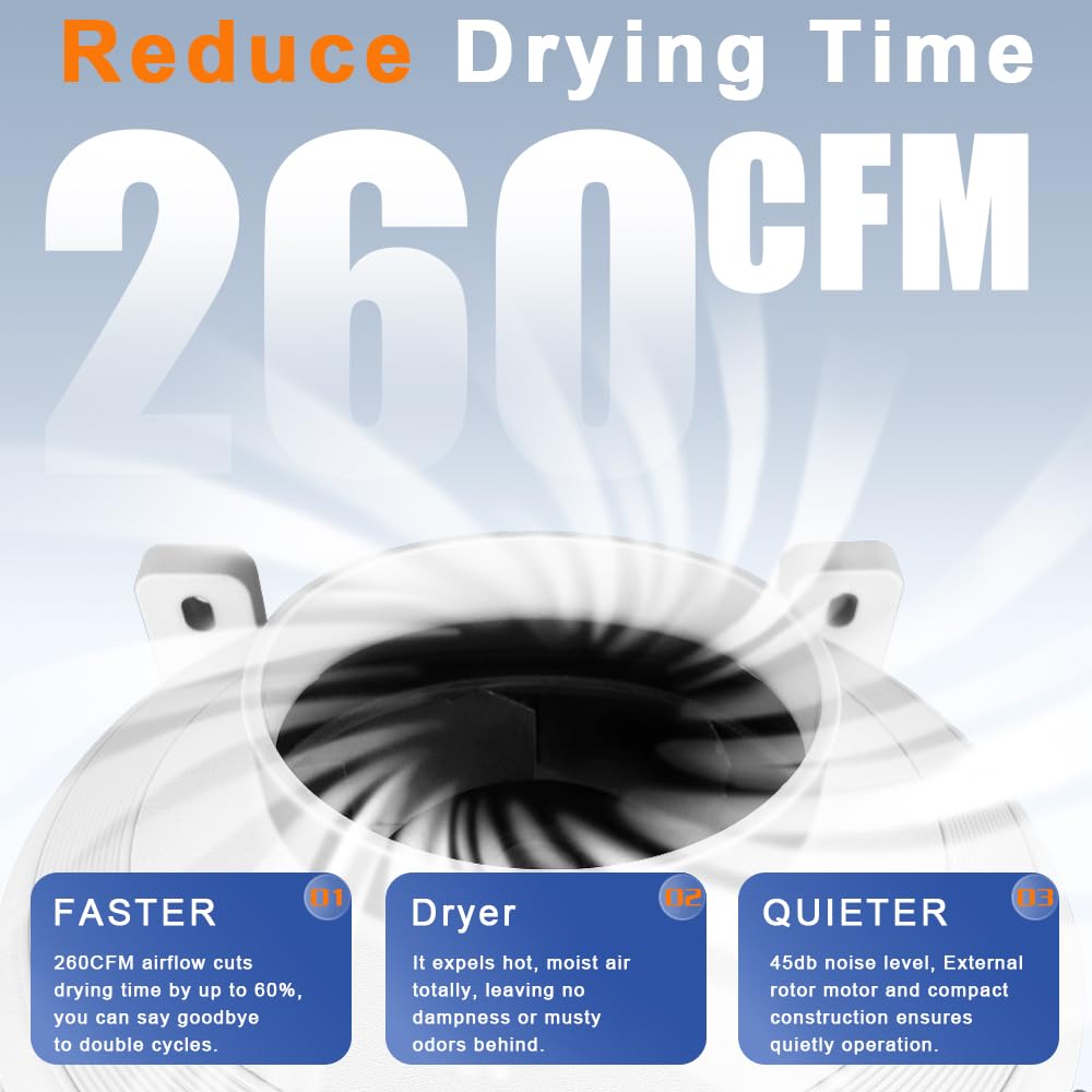 MIDCVFRUN Dryer Vent Booster Fan with Pressure Switch for Automatic Activation, 4" Inline Exhaust Fan 260CFM High Air Volume, Ultra-Quiet Anti-Clog Design Efficiently Reducing Drying Time