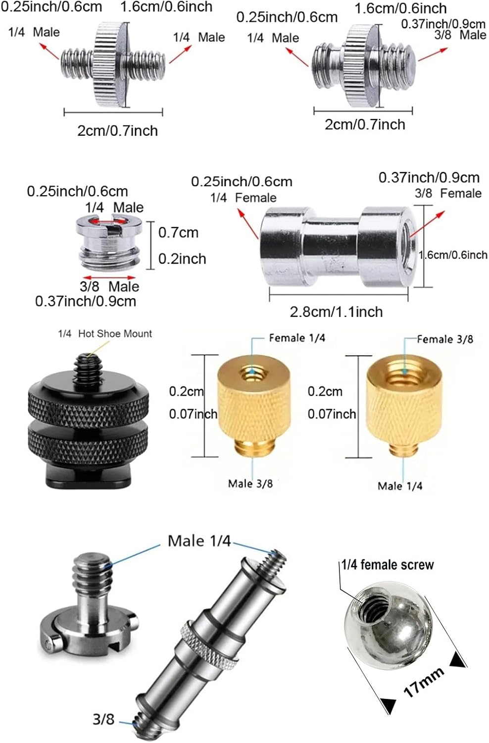 30Pack 1/4 3/8 Inch 1/4" Camera Tripod Screw Mount Kit to Adapter Threaded Converter Swivel Ball Head and Hot Shoe E