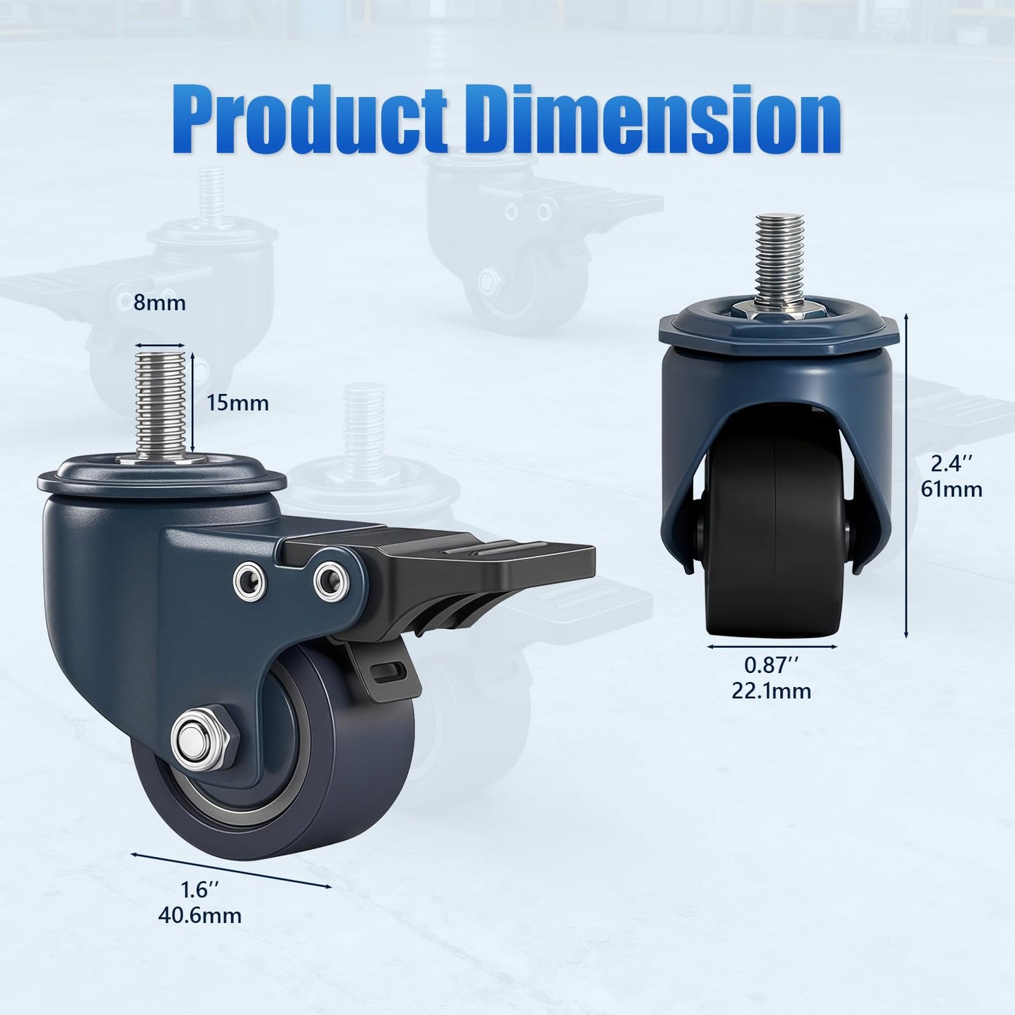 1.6 Inch Blue Polyurethane Caster Wheels, Metric M8-1.25 Threaded Stem (Screw Diameter 8mm, Length:15mm), Heavy Duty Casters Set of 4 with Locking Brakes, 450 lb Capacity for Furniture, Carts