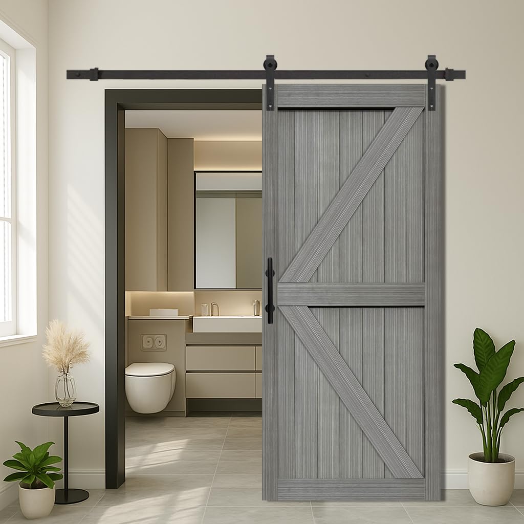 S&Z TOPHAND 36in x 84in MDF Elephant Gray Barn Door with 6.6FT Sliding Hardware Kit, Solid Barn Door Slab Covered with Water-Proof PVC Surface/Simple Assembly is Required