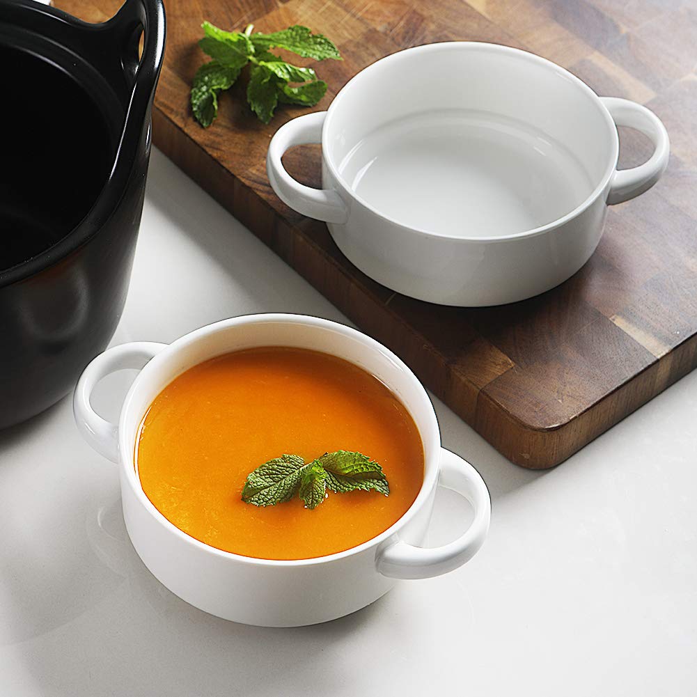 Sweejar Ceramic Soup Bowls with Double Handles, 20 Oz Stacked Bowls for French Onion Soup, Cereal, Pot Pies, Stew, Chill, Pasta, Set of 4 (White)